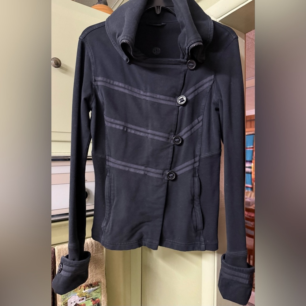 Lululemon Coast Easy Wrap black asymmetric zip cocoon jacket.